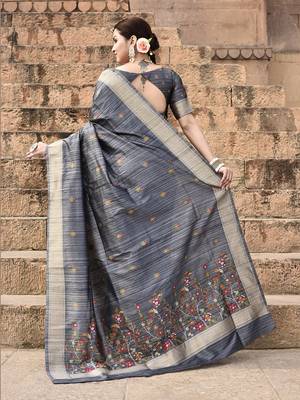Elora pure tussar silk floral pallu embroidery saree for women (dark grey) 4
