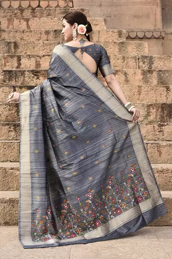 Elora pure tussar silk floral pallu embroidery saree for women (dark grey)