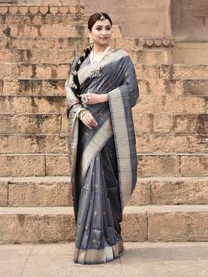 Elora pure tussar silk floral pallu embroidery saree for women (dark grey) 5