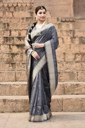 Elora pure tussar silk floral pallu embroidery saree for women (dark grey)