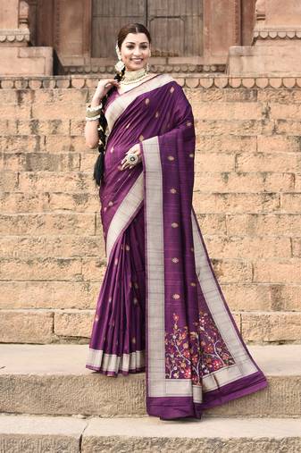 Elora pure tussar silk floral pallu embroidery saree for women (purple)