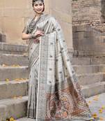 Elora pure tussar silk madhubani work saree for women (dusty grey)