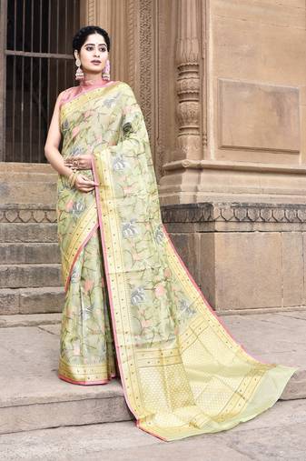 Elora pure kota doria floral pattern saree for women (light green)