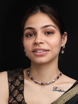 Silver plated red square cz necklace set 1