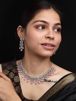 Elegant silver plated pink cubic zirconia party wear fusion necklace set 1