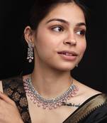 Elegant silver plated pink cubic zirconia party wear fusion necklace set