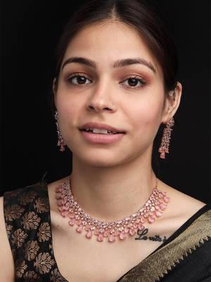 Elegant rose gold plated pink cubic zirconia party wear fusion necklace set 1