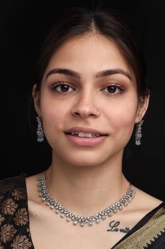 Sleek delicate silver plated multicolor american diamond and cubic zirconia necklace set