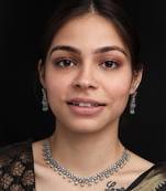 Sleek delicate silver plated turquoise blue american diamond and cubic zirconia necklace set