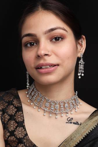 Silver plater american diamond cz party necklace set