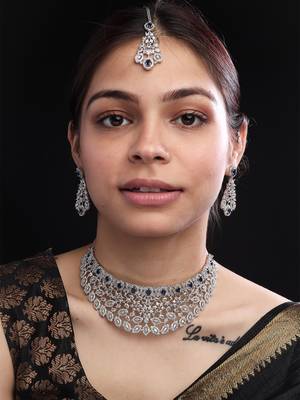 Silver plated blue exquisite american diamond necklace set 1