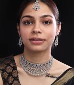 Silver plated blue exquisite american diamond necklace set