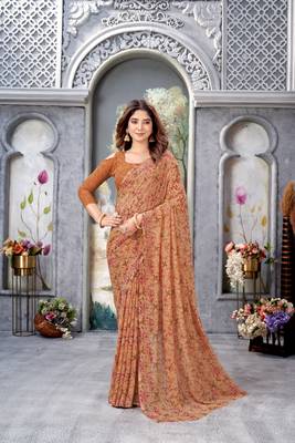 Dusty Orange Floral Printed Weightless Georgette Saree For Women'S With Blouse 1