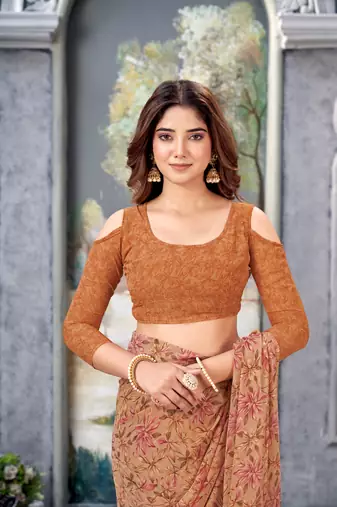 Dusty Orange Floral Printed Weightless Georgette Saree For Women'S With Blouse