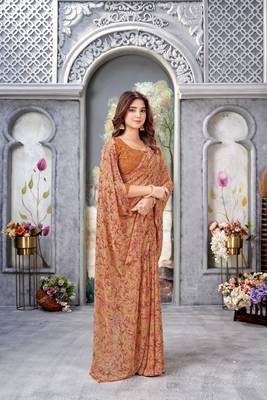 Dusty Orange Floral Printed Weightless Georgette Saree For Women'S With Blouse 3