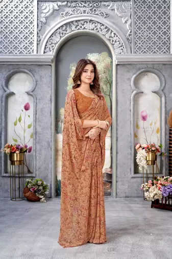 Dusty Orange Floral Printed Weightless Georgette Saree For Women'S With Blouse