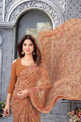 Dusty Orange Floral Printed Weightless Georgette Saree For Women'S With Blouse 4