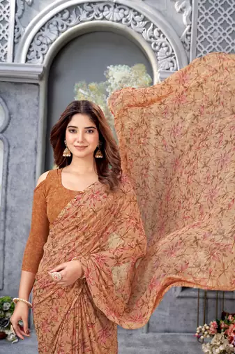 Dusty Orange Floral Printed Weightless Georgette Saree For Women'S With Blouse