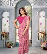 Pink Floral Printed Weightless Georgette Saree For Women'S With Blouse