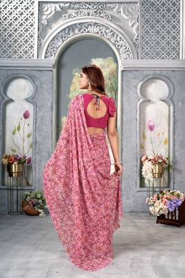 Pink Floral Printed Weightless Georgette Saree For With Blouse 2