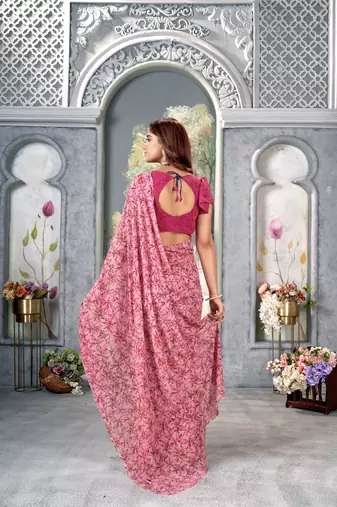 Pink Floral Printed Weightless Georgette Saree For With Blouse