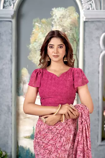 Pink Floral Printed Weightless Georgette Saree For With Blouse