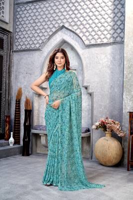 Sky Floral Printed Weightless Georgette Saree For Women'S With Blouse 1