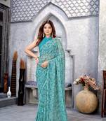 Sky Floral Printed Weightless Georgette Saree For Women'S With Blouse