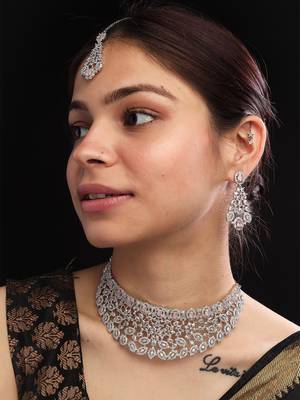 Silver plated pink exquisite american diamond necklace set 1