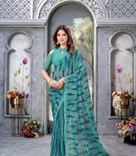 Green Printed Weightless Georgette Saree For Women'S With Blouse