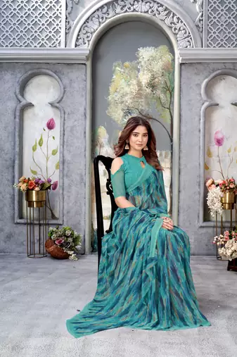 Green Printed Weightless Georgette Saree For With Blouse