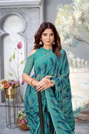 Green Printed Weightless Georgette Saree For With Blouse