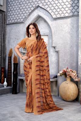Dusty Mustard Printed Weightless Georgette Saree For Women'S With Blouse 1