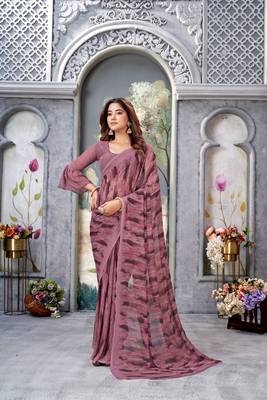 Dusty Purple Printed Weightless Georgette Saree For Women'S With Blouse 1