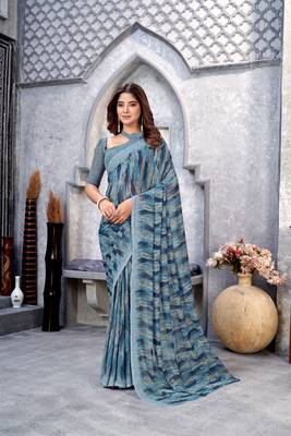 Dusty Blue Printed Weightless Georgette Saree For With Blouse 1
