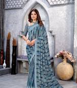 Dusty Blue Printed Weightless Georgette Saree For Women'S With Blouse