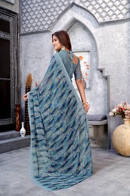 Dusty Blue Printed Weightless Georgette Saree For With Blouse 2