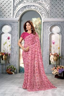 Pink Floral Printed Weightless Georgette Saree For With Blouse 4
