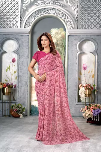 Pink Floral Printed Weightless Georgette Saree For With Blouse