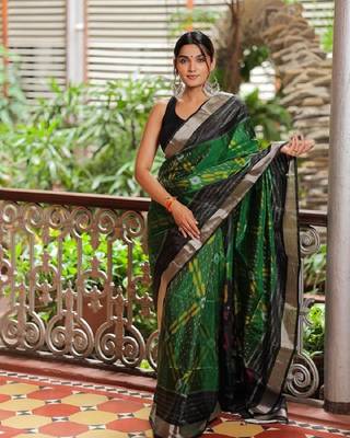 Green And Black Ikkat Embellished Cotton Silk Saree 2