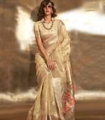 Beige Colour Tissue Silk Zari Woven Saree With Blouse
