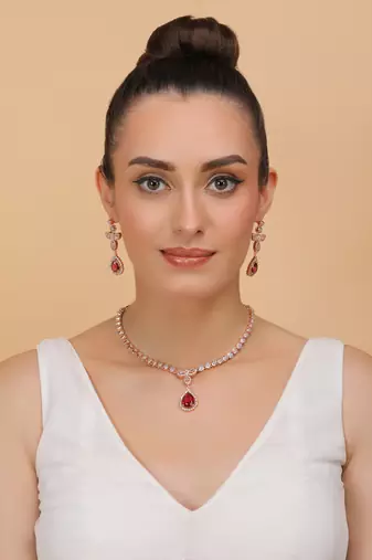 Rose Gold Plated Hydro Ruby and CZ Stone Designer Necklace 317FNNN355