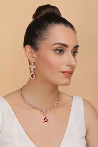 Rose Gold Plated Hydro Ruby and CZ Stone Designer Necklace 317FNNN355