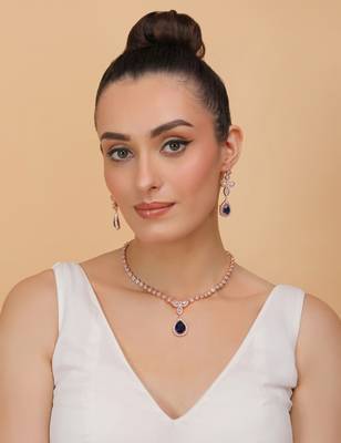 Rose Gold Plated Blue and CZ Stone Designer Necklace 317FNNN356 2
