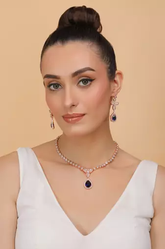 Rose Gold Plated Blue and CZ Stone Designer Necklace 317FNNN356