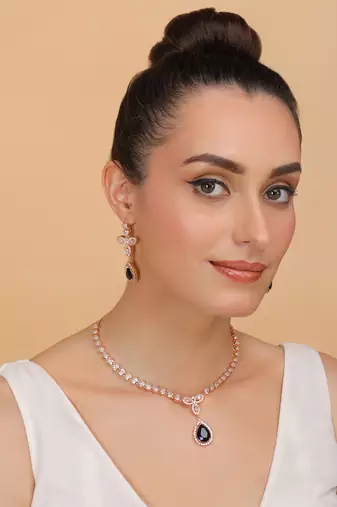 Rose Gold Plated Blue and CZ Stone Designer Necklace 317FNNN356