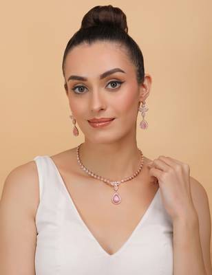 Rose Gold Plated Pink and CZ Stone Designer Necklace 317FNNN357 2
