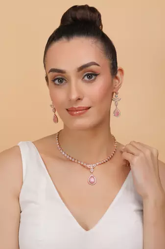 Rose Gold Plated Pink and CZ Stone Designer Necklace 317FNNN357