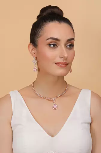 Rose Gold Plated Pink and CZ Stone Designer Necklace 317FNNN357