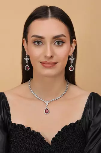 Silver Plated Hydro Ruby and CZ Stone Designer Necklace 317FNNN358